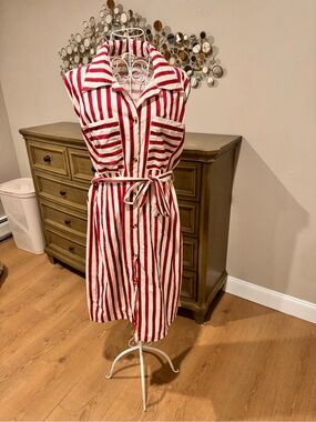 Sleeveless Red and White Stripe Shirt Dress with Waist Tie
